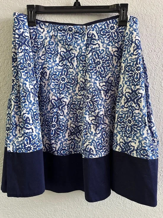 Milly Blue White Floral A-Line Skirt Size L Statement Midi Knee Length Cotton - Picture 5 of 11
